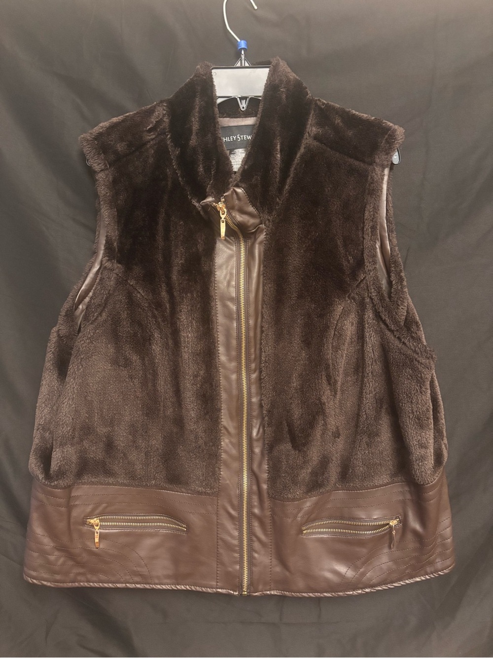 Ashley Stewart Brown Faux Fur Faux Leather Vest 22/24W Plus Size Zip Front